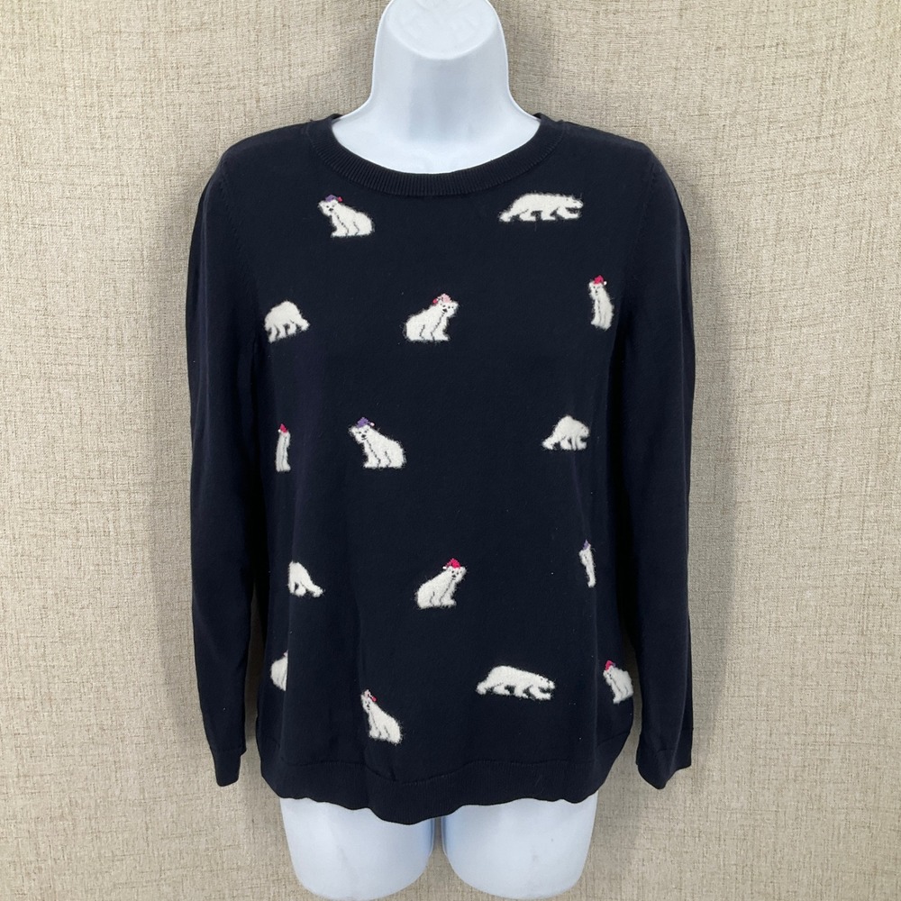Talbots Sweater Womens MP Navy Blue Sheep Intarsia Knit Classic Whimsical Preppy